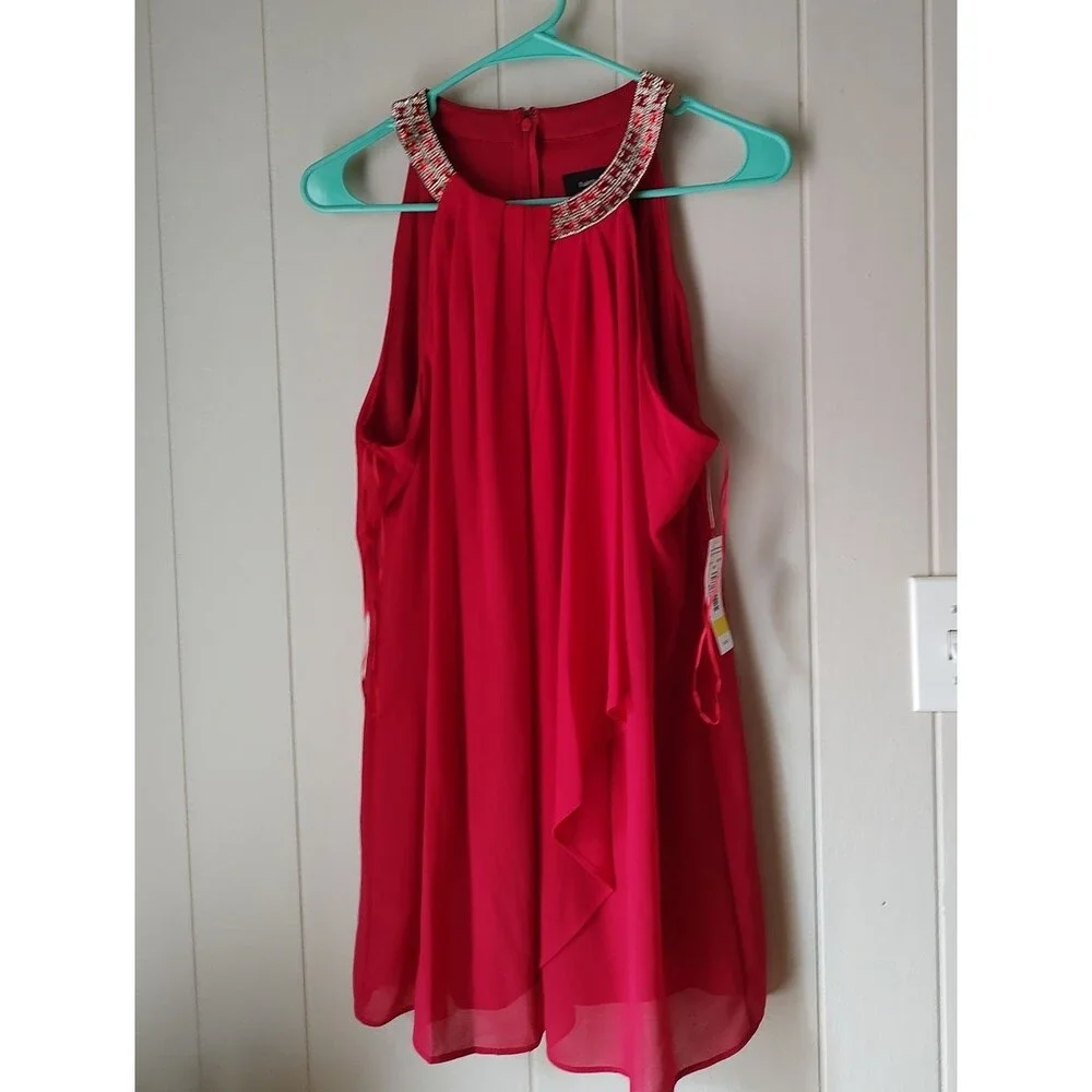 R&M Richards Scarlet Red Beaded Rhinsestone Halter Chiffon Blouse Medium